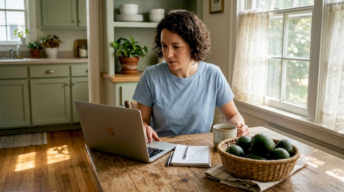 Woman comparing Caribbean grocery options online