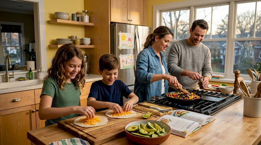 Family making quick dinner in home kitchen