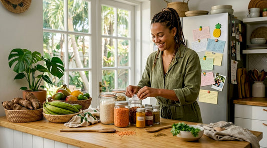 Woman prepping Caribbean pantry in home kitchen