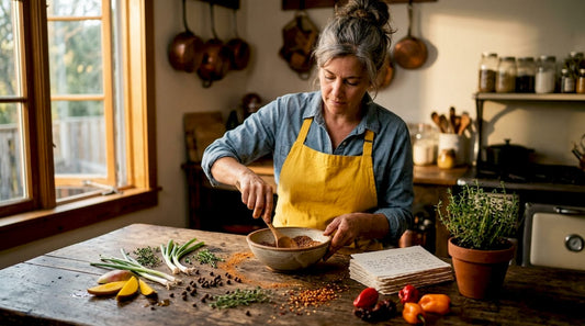 Chef preparing fusion dish in home kitchen