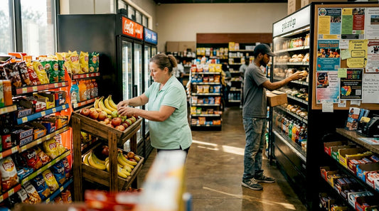 Neighborhood convenience store interior stocking and shopping