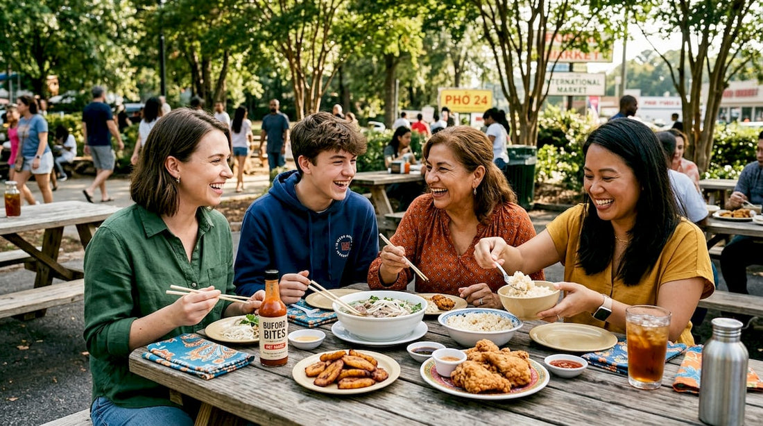 Diverse diners sharing global dishes in Atlanta