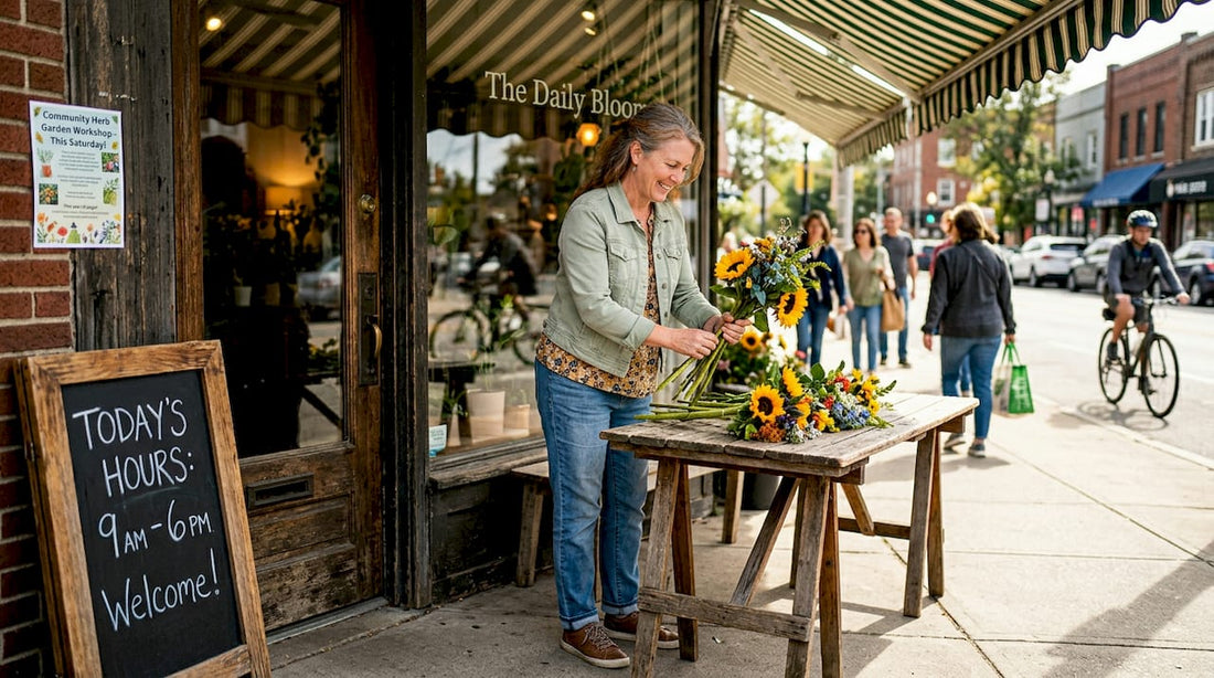 Shopkeeper arranges flowers outside local store