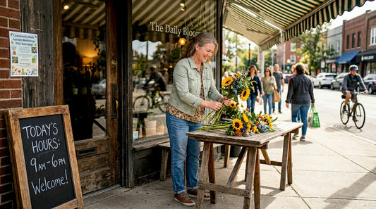 Shopkeeper arranges flowers outside local store