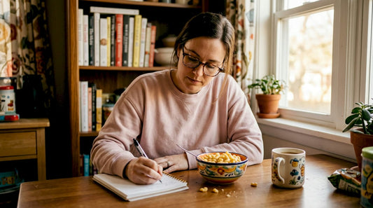 Woman writes in kitchen with comfort food