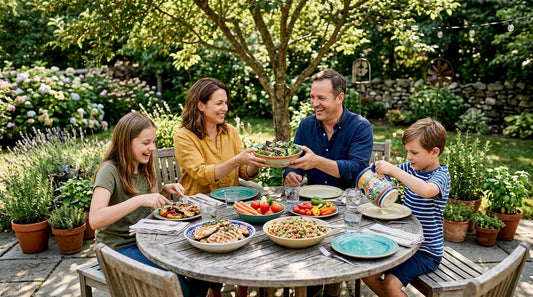 Family preparing and sharing varied meal together
