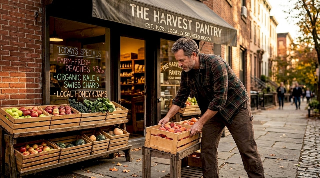 Shop owner arranging crates outside local grocery