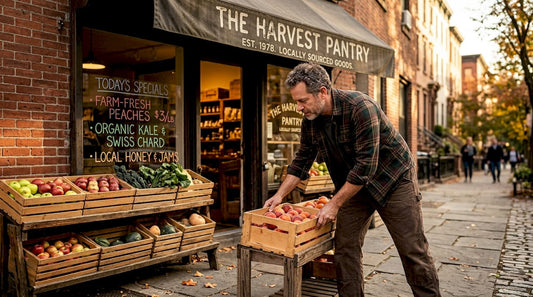 Shop owner arranging crates outside local grocery