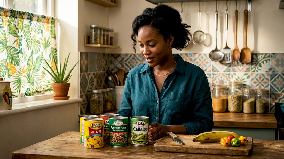 Home cook with canned Caribbean foods in kitchen