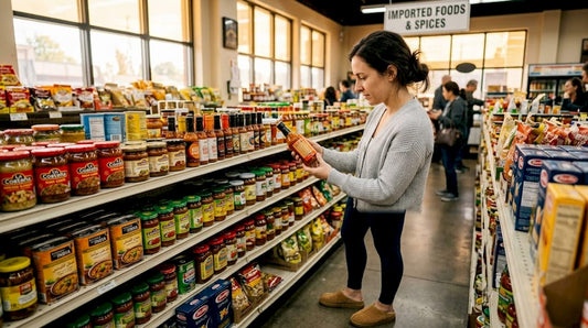 Shopper reading label in imported food aisle