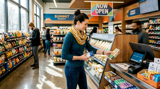 Customer choosing food in city convenience store