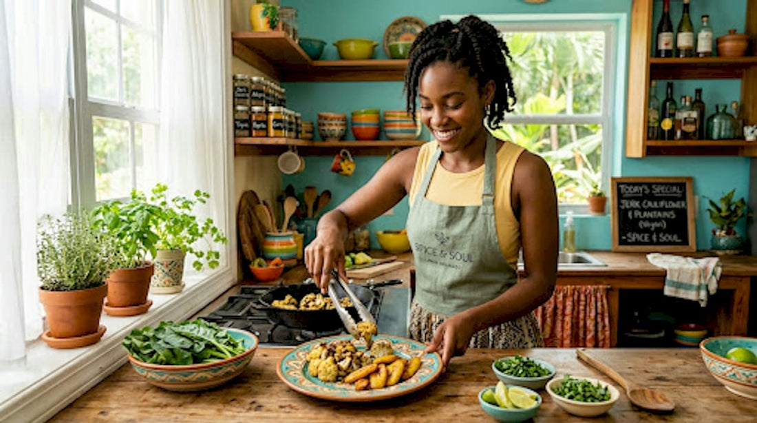 Woman preparing vegan Caribbean meal in kitchen