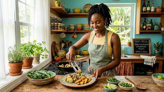 Woman preparing vegan Caribbean meal in kitchen