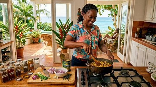 Woman cooking Jamaican meal in cozy kitchen