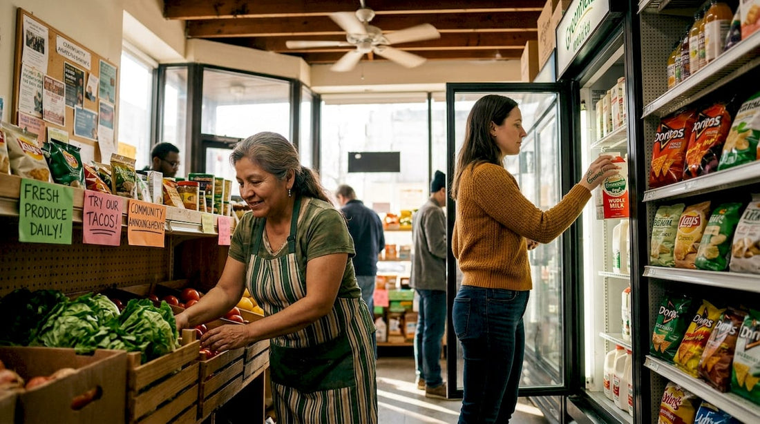 Bodega owner arranging produce with customer inside store
