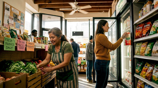 Bodega owner arranging produce with customer inside store