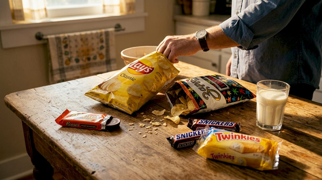 Assorted classic and regional American snacks on table