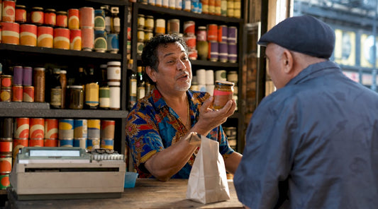 Small Manhattan shop interior with owner arranging shelves