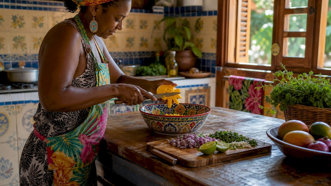 Hands preparing Caribbean sauce ingredients on table