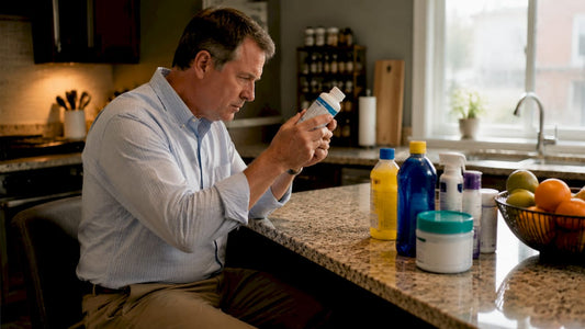 Man examining American-made product label at kitchen table
