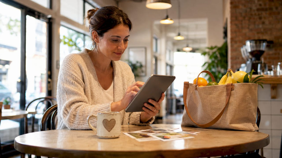 Woman browsing grocery providers on tablet at kitchen counter