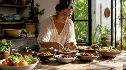 Serving diverse colorful meal dishes