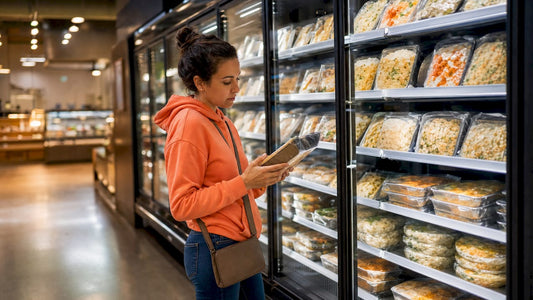 Shopper choosing frozen ready meal in grocery aisle