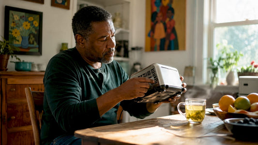 Man inspecting American-made product label