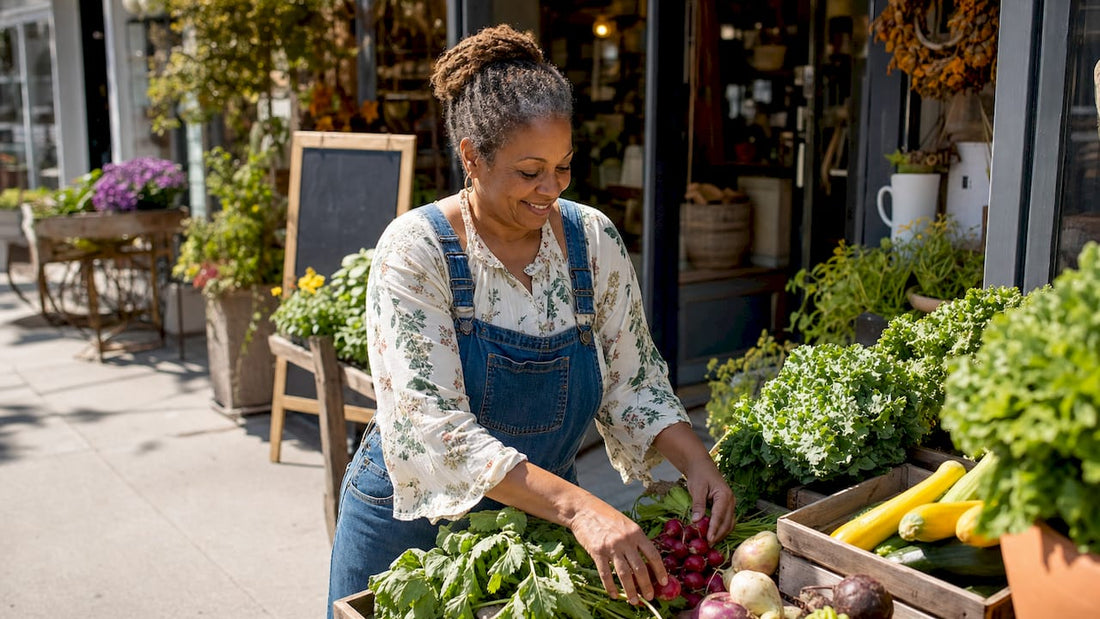 Shop owner arranging produce in storefront