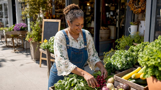 Shop owner arranging produce in storefront