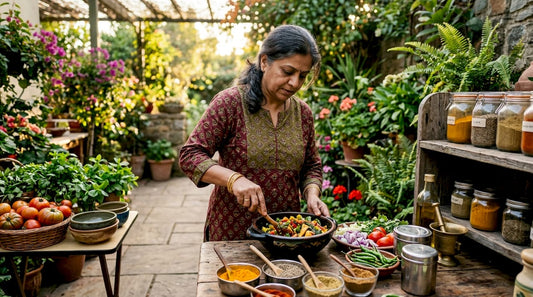 Woman cooking traditional colorful meal with spices