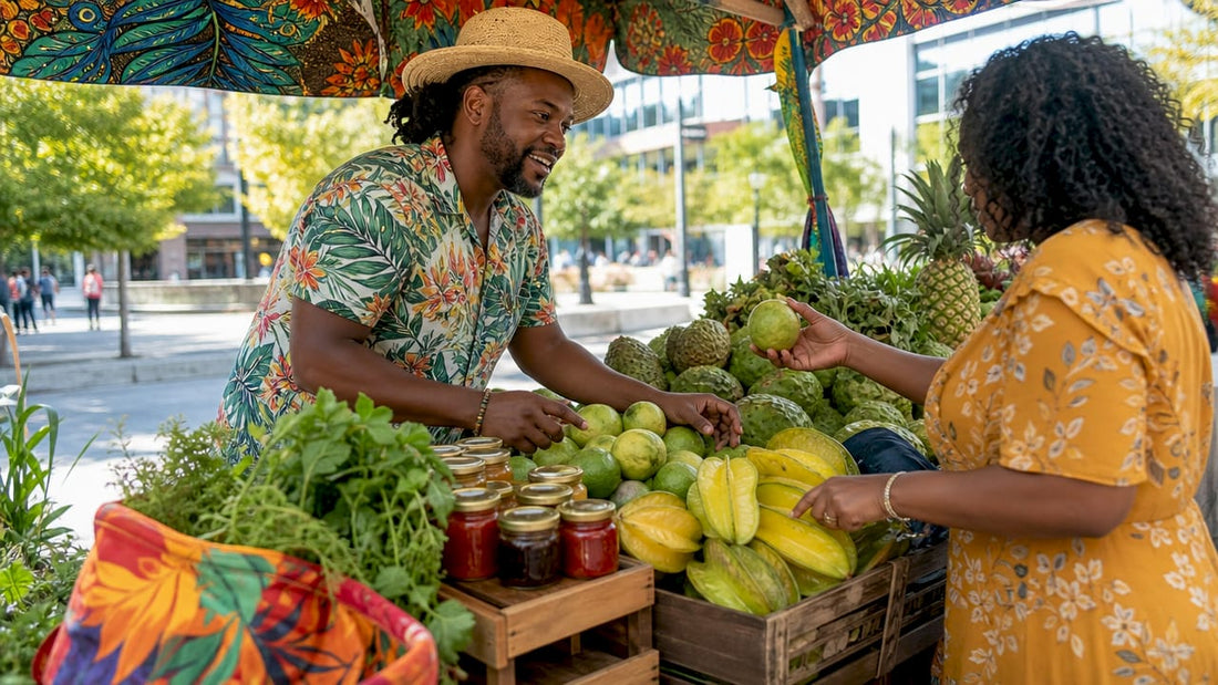 Caribbean fruit vendor arranging fresh tropical fruits