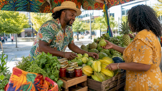 Caribbean fruit vendor arranging fresh tropical fruits