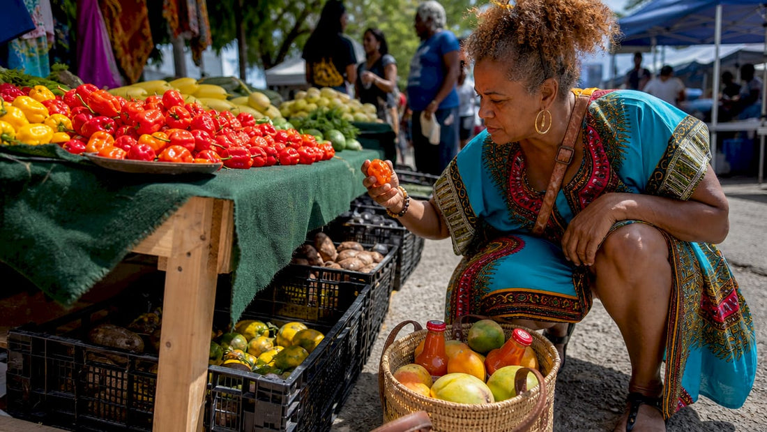 Woman shopping in multicultural grocery store