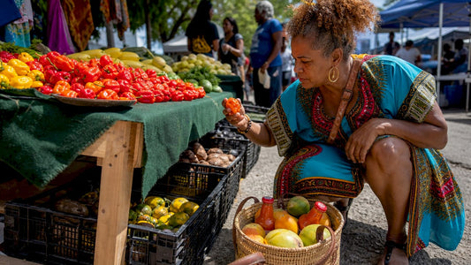 Woman shopping in multicultural grocery store
