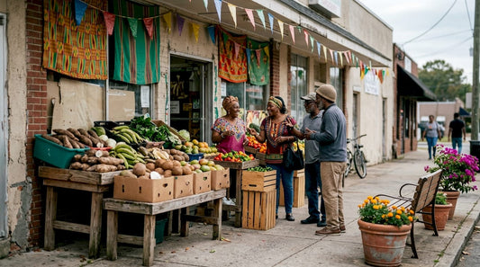 Exterior view of Stone Mountain Caribbean community shop with shoppers