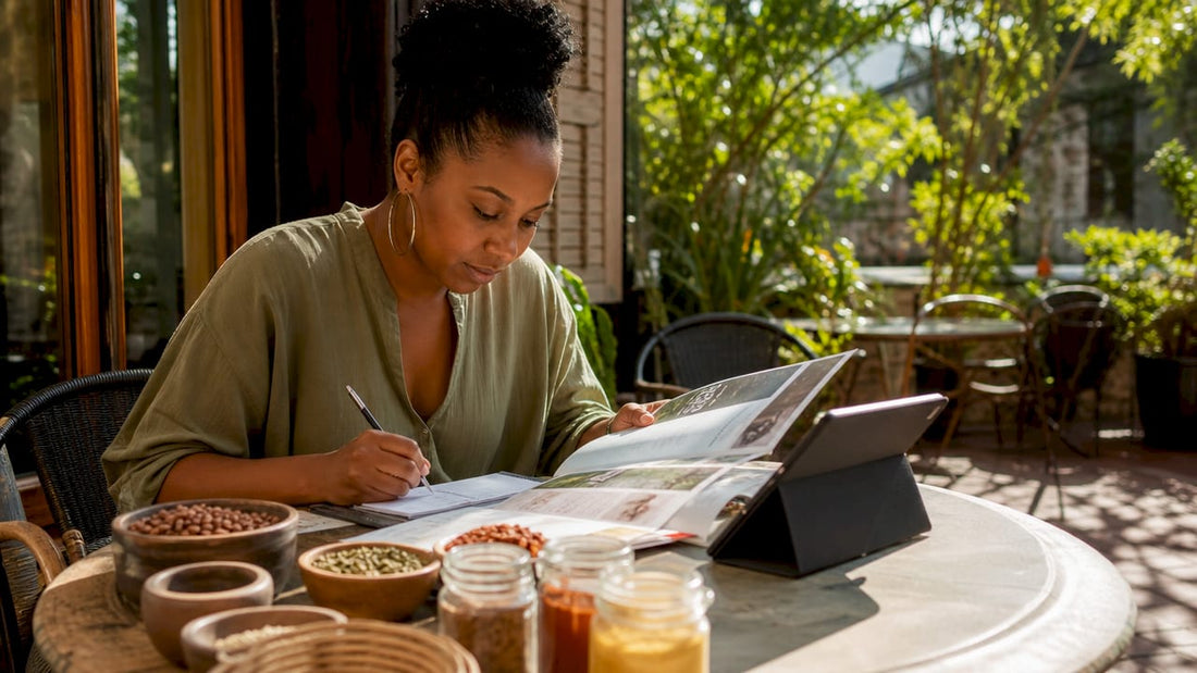Woman selecting specialty grocery products at home