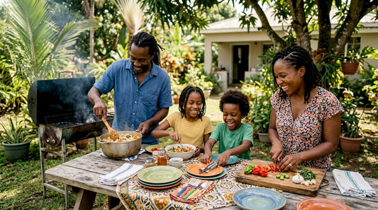 Caribbean family cooking traditional meal together