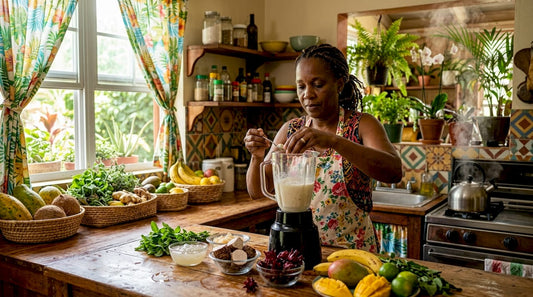 Woman preparing smoothie with Caribbean superfoods