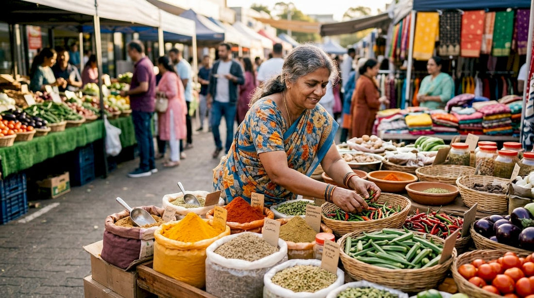 Woman stocking produce in ethnic grocery store