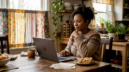 Woman shopping Caribbean groceries online at home