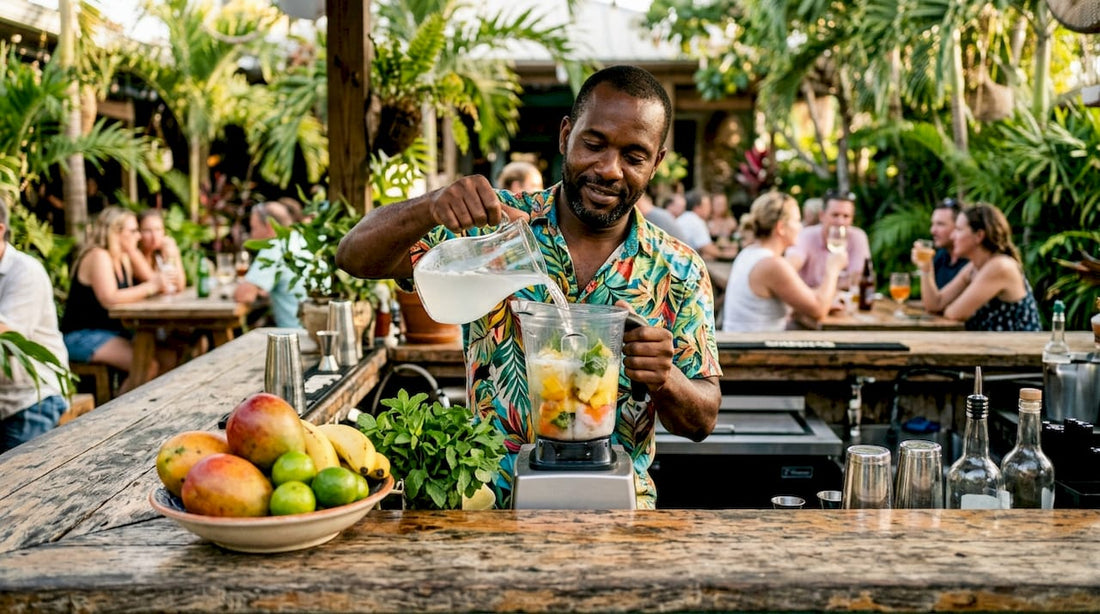 Bartender blending tropical Caribbean cocktail