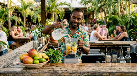 Bartender blending tropical Caribbean cocktail