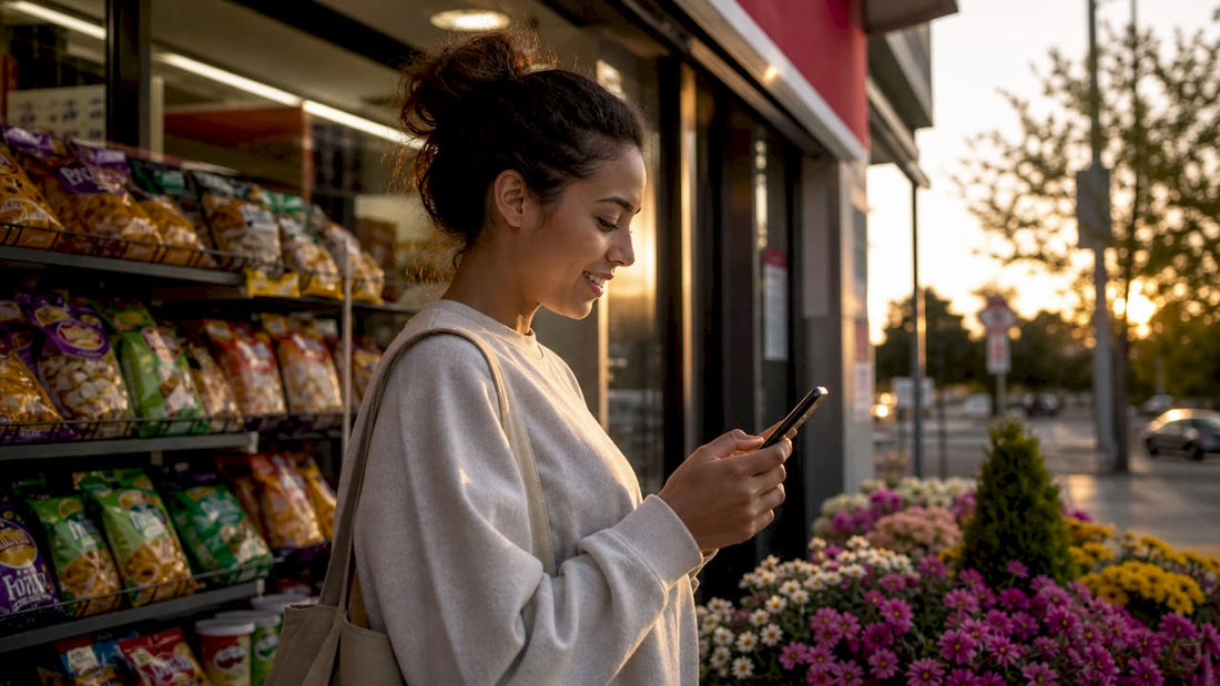 Woman using loyalty app in convenience store