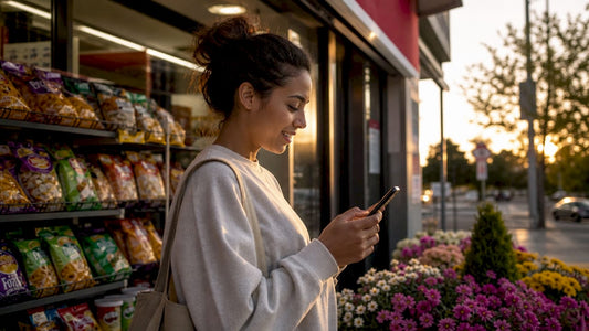 Woman using loyalty app in convenience store