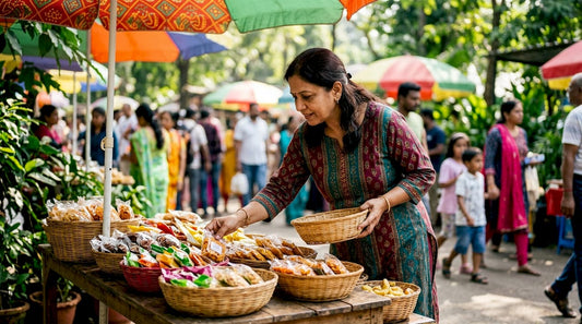 Woman selecting regional snacks at market