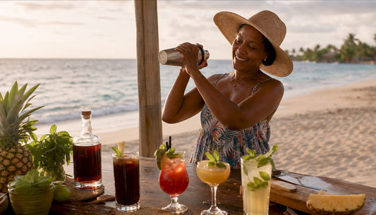 Woman pouring a Caribbean cocktail outdoors