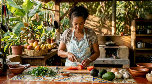Caribbean woman cooking traditional dish in kitchen
