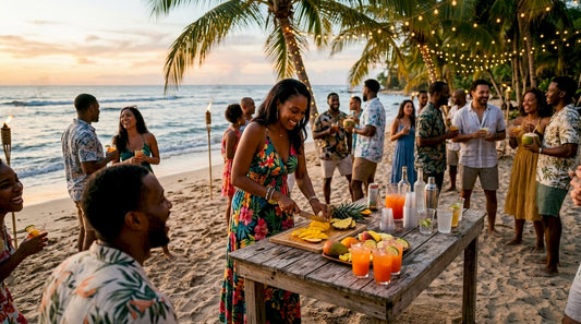 Outdoor Caribbean themed party with host and tiki bar