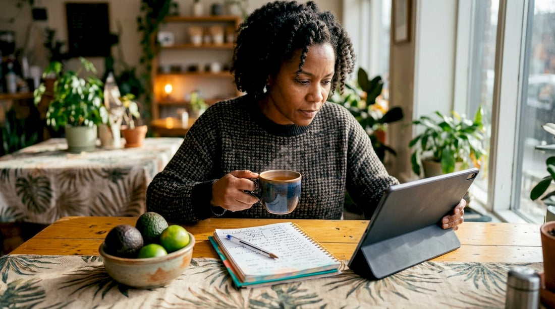 Woman using tablet to shop Caribbean groceries